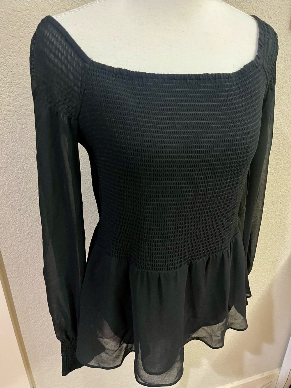 Donna Karan Black Smocked Peplum Long-Sleeve Top - Women's